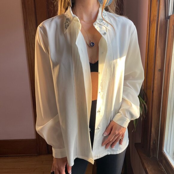 Vintage Koret White Blouse 90s Embroidered Collar Button Up Shirt Sz 12 Coquette - Picture 1 of 10